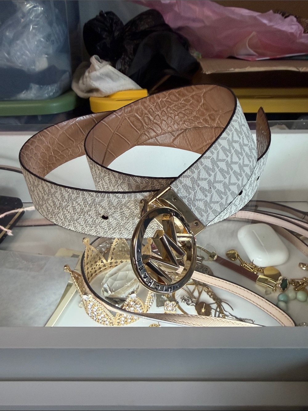 Michael Kors White Logo-Print Reversible Belt with Gold MK Circle Buckle